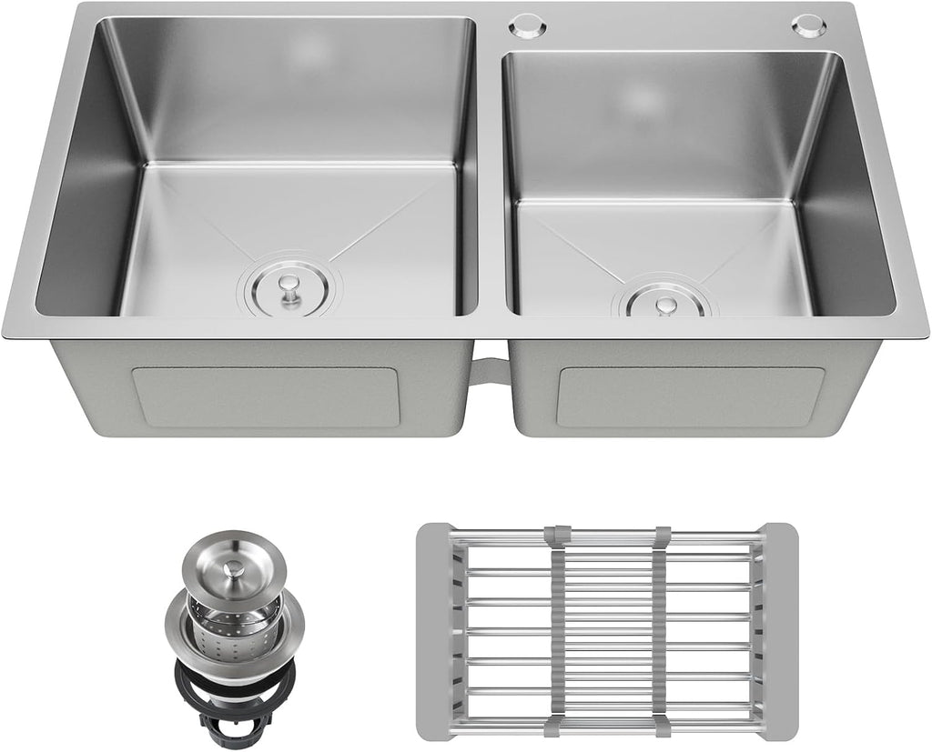 31' x 18' Double Bowl Kitchen Sink, Drop-in/Topmount 304 Stainless Steel Sink with Nano Coating & Accessories Set