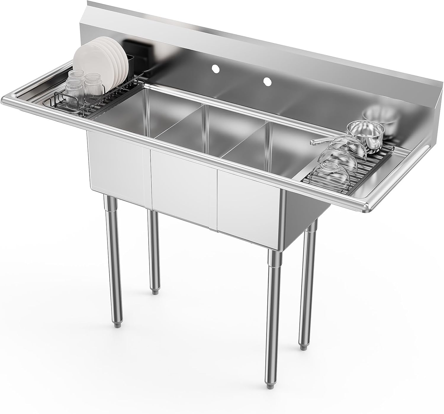 ROVSUN Commercial Sink, Stainless Steel Sink with 3 Compartment and 2 Sides Drain Rack, 20' x 54' x 43.5' Freestanding Utility Sink, Great for Restaurant Kitchen Laundry Room Garage Sunroom