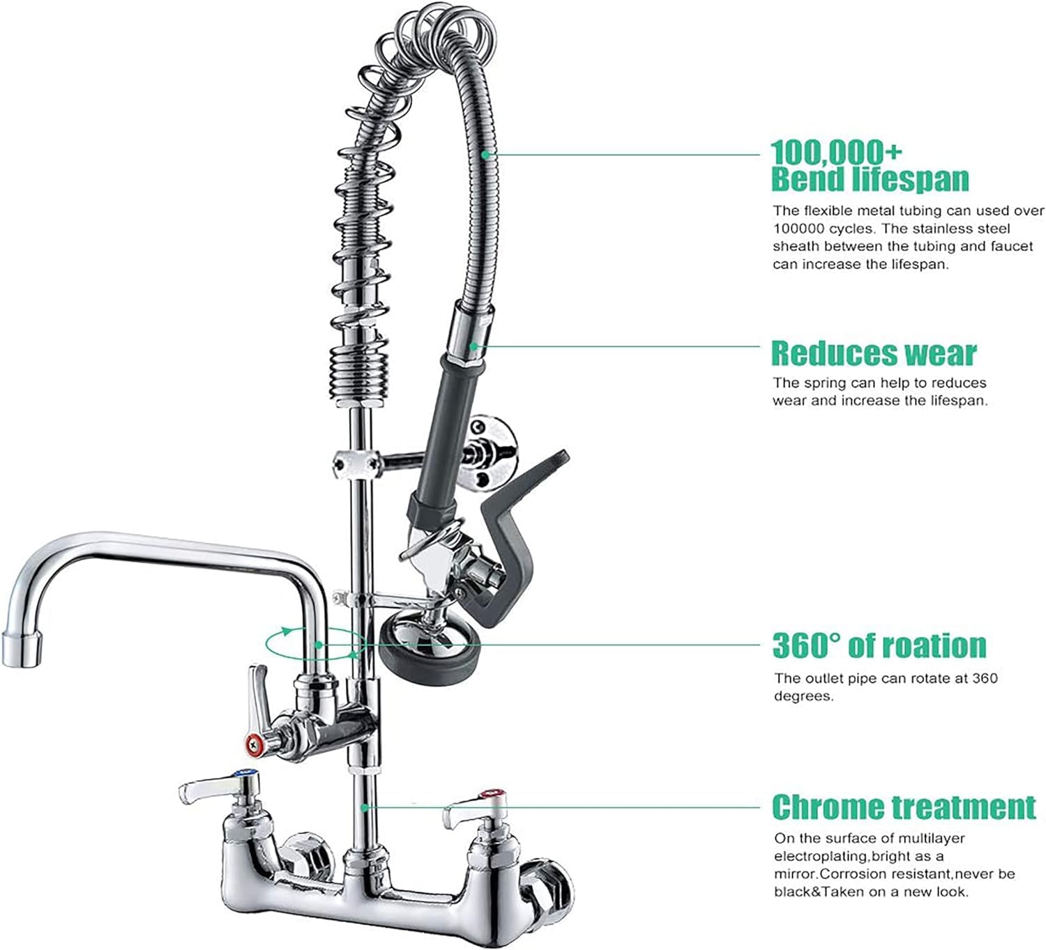 Commercial Wall Mount Kitchen Sink Faucet Brass Constructed Polished Chrome Pre-Rinse Device 25' Height 8' Center with Spring Pull Down Sprayer and 12' Add-on Spout (25 inches)