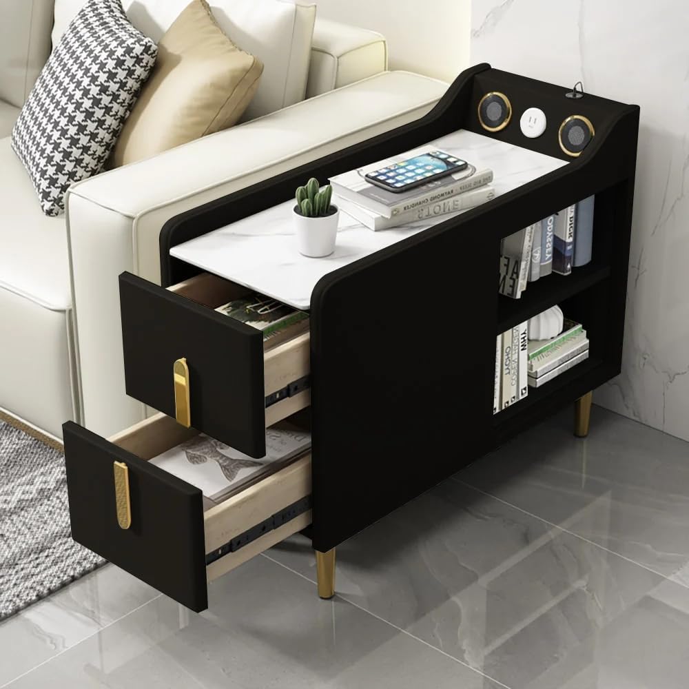 LOVEDIMA Narrow Bedside Table, Slim End Tables with Built-in Outlets, Sintered Stone Top End Table with Speaker & USB Port, Skinny Table for Small Spaces Living Room, Bedroom