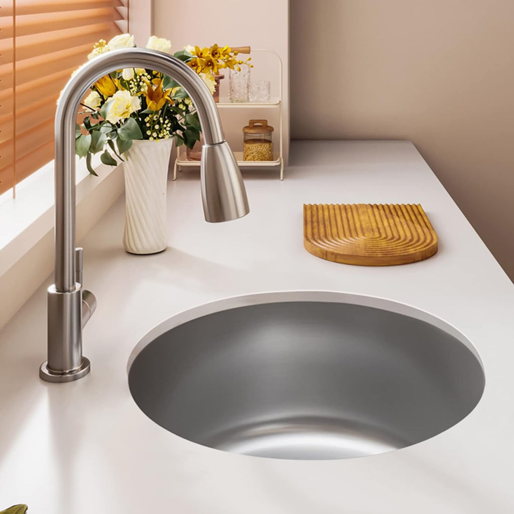 304 Stainless Steel Kitchen Sink Round Silver Single Bowl Bar Prep Sink with Faucet and Drain Assembly Drop-in Or Undermount (Color : C-Have Faucet, Size : 36x36x20cm) (Chave Faucet 32x32x20cm)