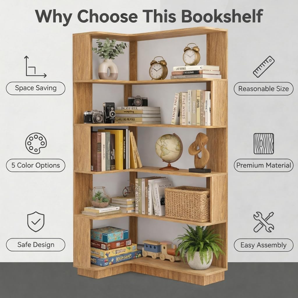 5 Tier Corner Bookshelf, Freestanding L-Shaped Wooden Bookcase with Open Shelves, Anti-Fall Panels and Anti-Tipping Device for Living Room, Home Office (Dark Oak with Right Extension)