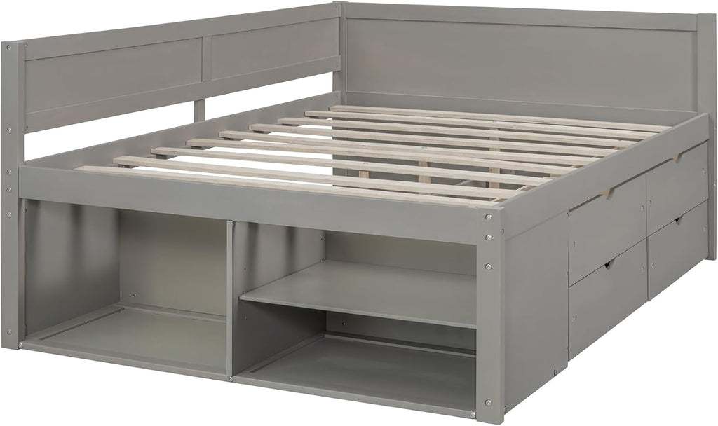 Harper & Bright Designs Full Size Corner Bed Frame with 4 Storage Drawers & Bookshelves,Wood Daybed with L Shape Headboard for Bedroom Living Room Nook,Gray