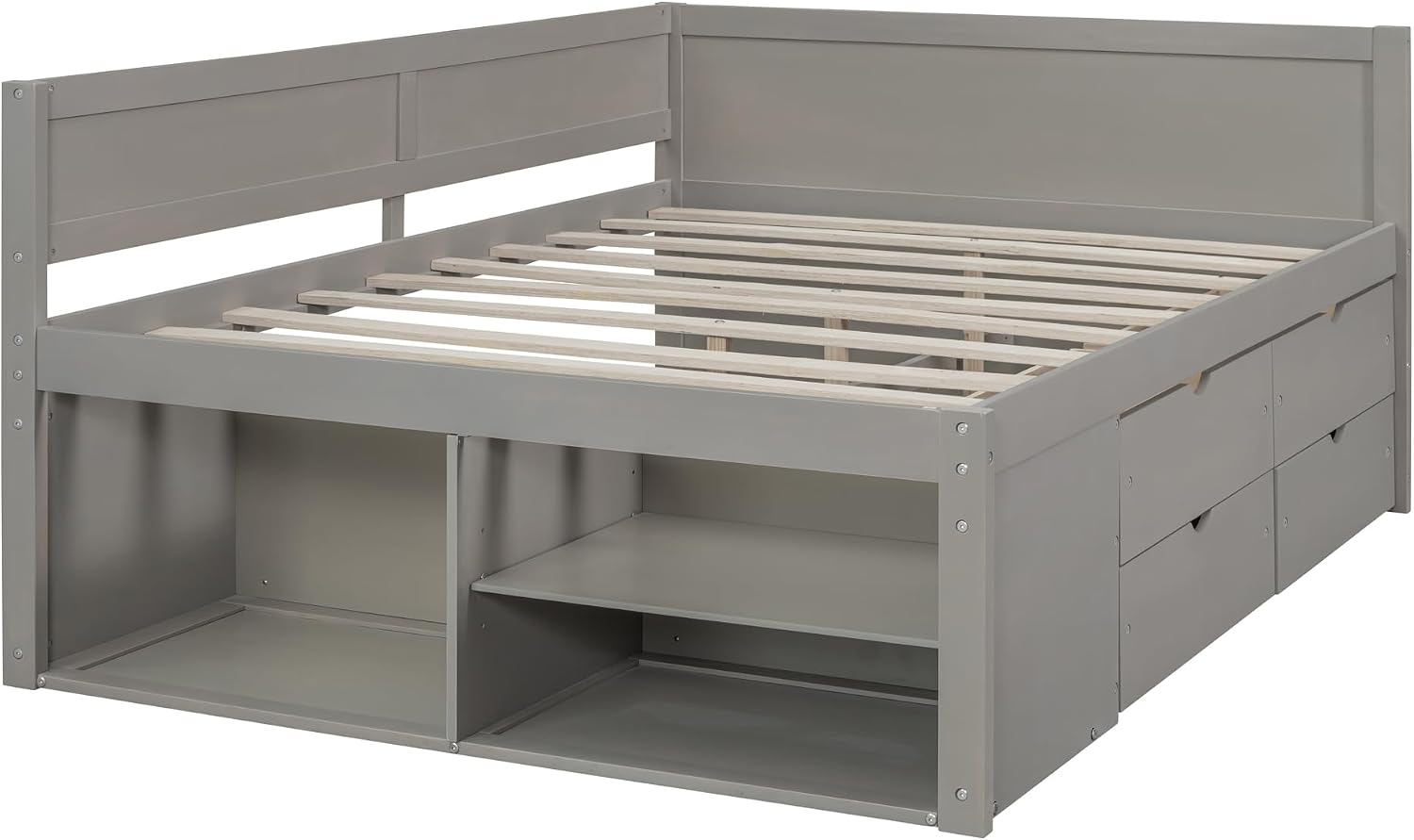 Harper & Bright Designs Full Size Corner Bed Frame with 4 Storage Drawers & Bookshelves,Wood Daybed with L Shape Headboard for Bedroom Living Room Nook,Gray