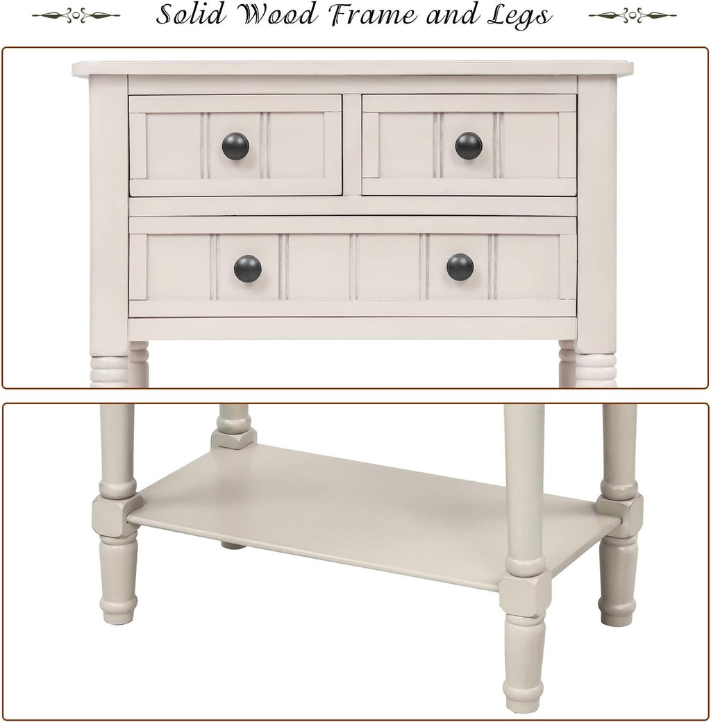 Knocbel Slim Antique Entry Console Table with Drawers & Bottom Open Shelf, Solid Wood Sofa Couch Table for Entryway Hallway Living Room (Ivory White)