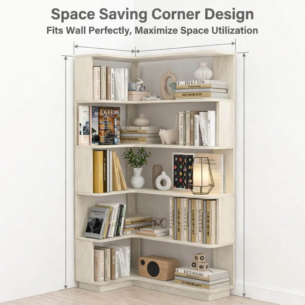 6 Tier Corner Bookshelf, Freestanding L-Shaped Wooden Bookcase with Open Shelves, Anti-Fall Panels and Anti-Tipping Device for Living Room, Home Office (White with Right Extension)
