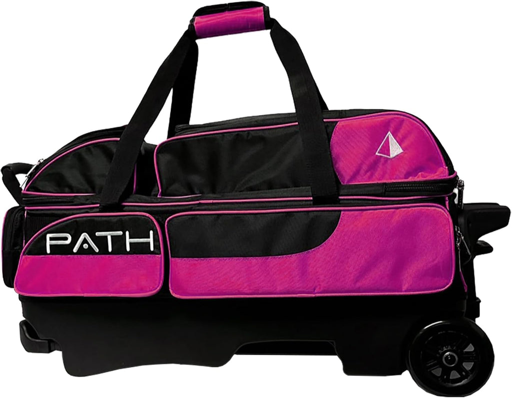 Pyramid Path Triple Premium Deluxe Roller Bowling Bag With Extra Large Separate Shoe Compartment (Up To US Mens Size 16) and 5 Accessory Pockets, 5' Wheels, Retractable Locking Handle - Extends to 42'