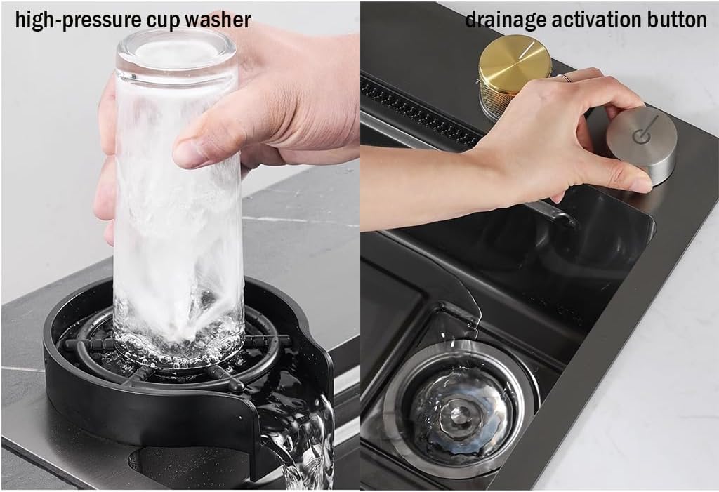 Black Stainless Steel Waterfall Sink Single Bowl Kitchen Sink with Faucet and Cup Rinser, Deep Bar Sink Drop-In/Undermount Farmhouse Workstation Sink with Accessories (29.5x17.7in)