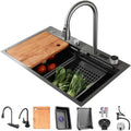 Digital Display Single Bowl Kitchen Sink SUS304 Stainless Steel Bar Sink Multifunctional Nano RV Sink with Flying Rain Pull-Out Faucet & Drainage Accessorie(Black-75x46x22cm