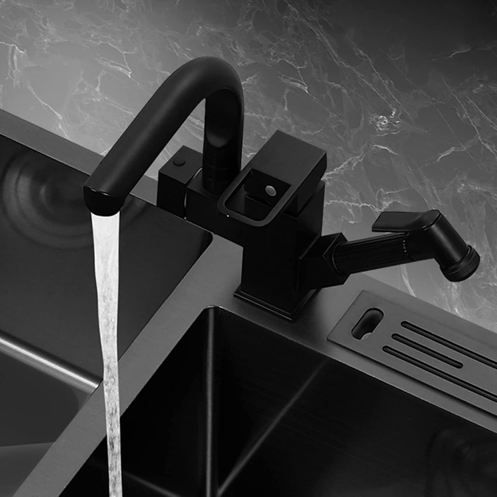 Black Double Bowl Kitchen Sink 304 Stainless Steel Bar Preparation Sink RV Sink with Faucet and Drainage Kit Top Mount Or Undermount (Color : Black-E, Size : 80x45x21cm)