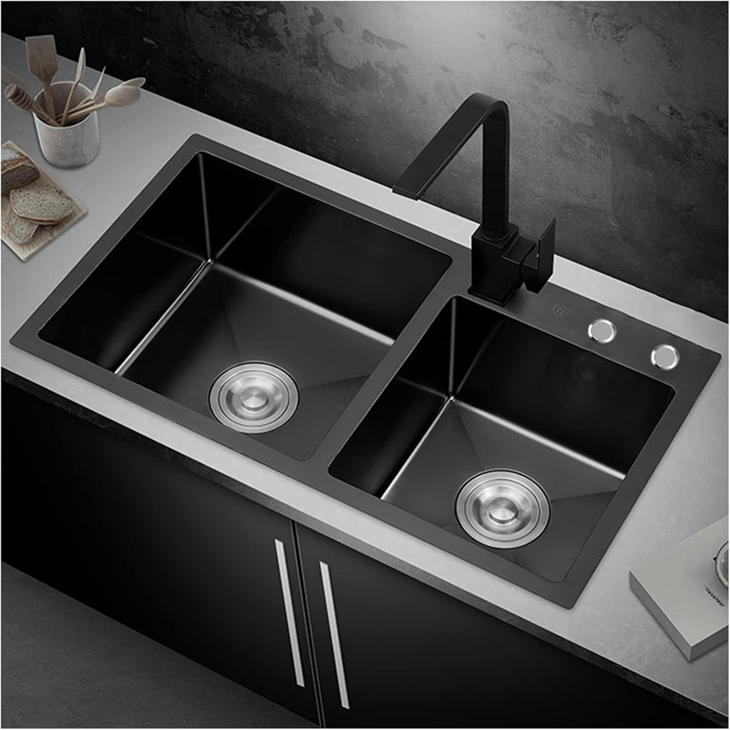 Black Double Bowl Kitchen Sink 304 Stainless Steel Bar Sink Square RV Sink with Faucet & Drain Top Mount Or Undermount (Color : Black-b, Size : 78x43x22cm)