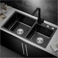 Black Double Bowl Kitchen Sink 304 Stainless Steel Bar Sink Square RV Sink with Faucet & Drain Top Mount Or Undermount (Color : Black-b, Size : 78x43x22cm)