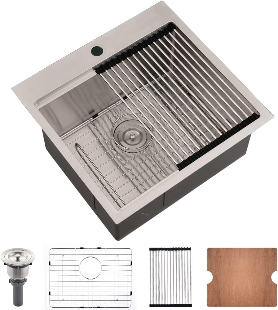 21 Inch Drop In Bar Sink Workstation-Bokaiya 21x20 Small Stainless Steel Drop In Outdoor Rv Sink Wet Bar 16 Gauge Top Mount Single Bowl Kitchen Sink with Cutting Board