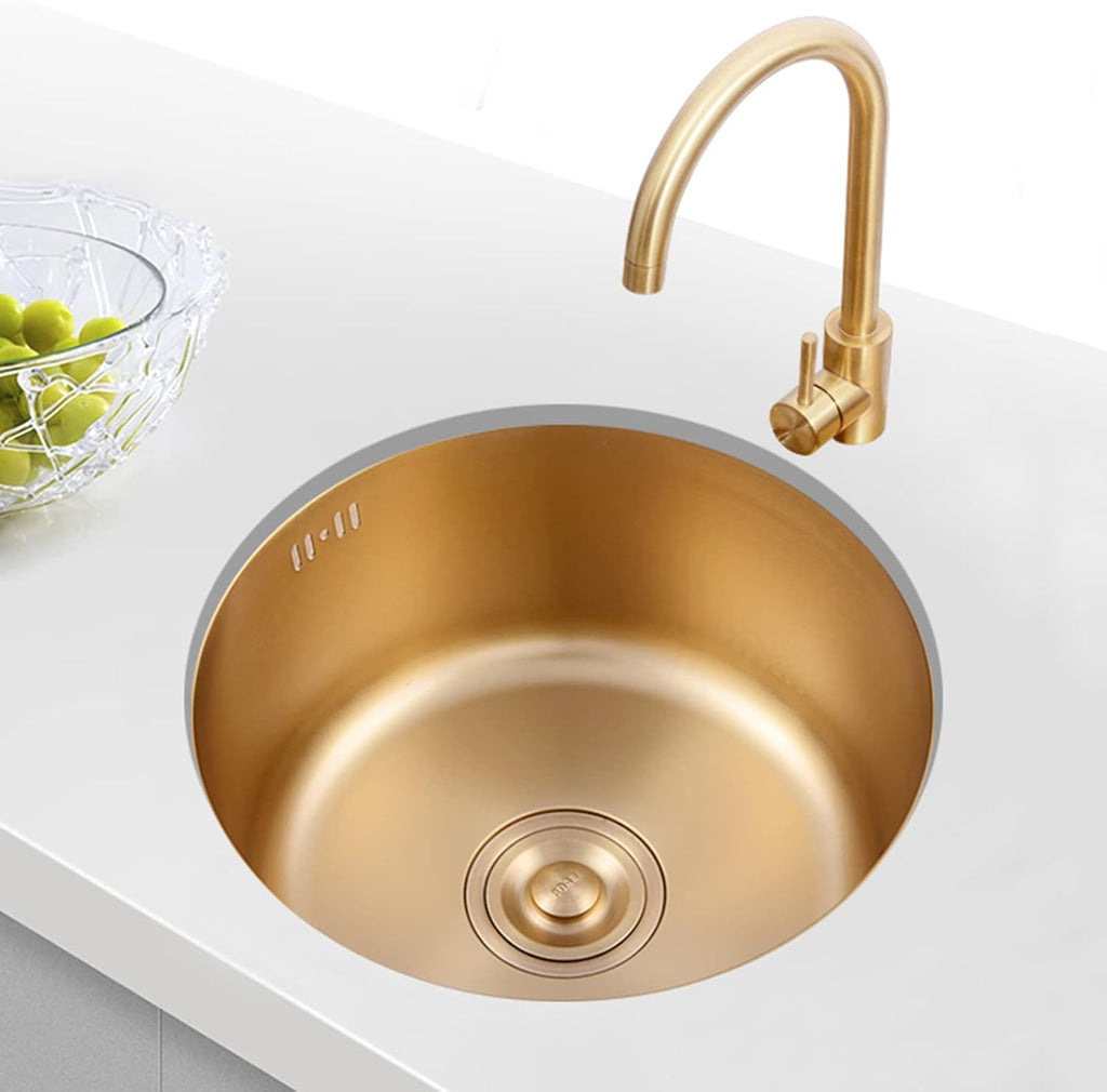 Bar Sink Drop in with Faucet, Small Stainless Steel Sink Faucet Combo Kitchen, Single Bowl Undermount Kitchen Sink,Round Gold Kitchen Sink Kit for Home, Bar, Cafe and Balcony