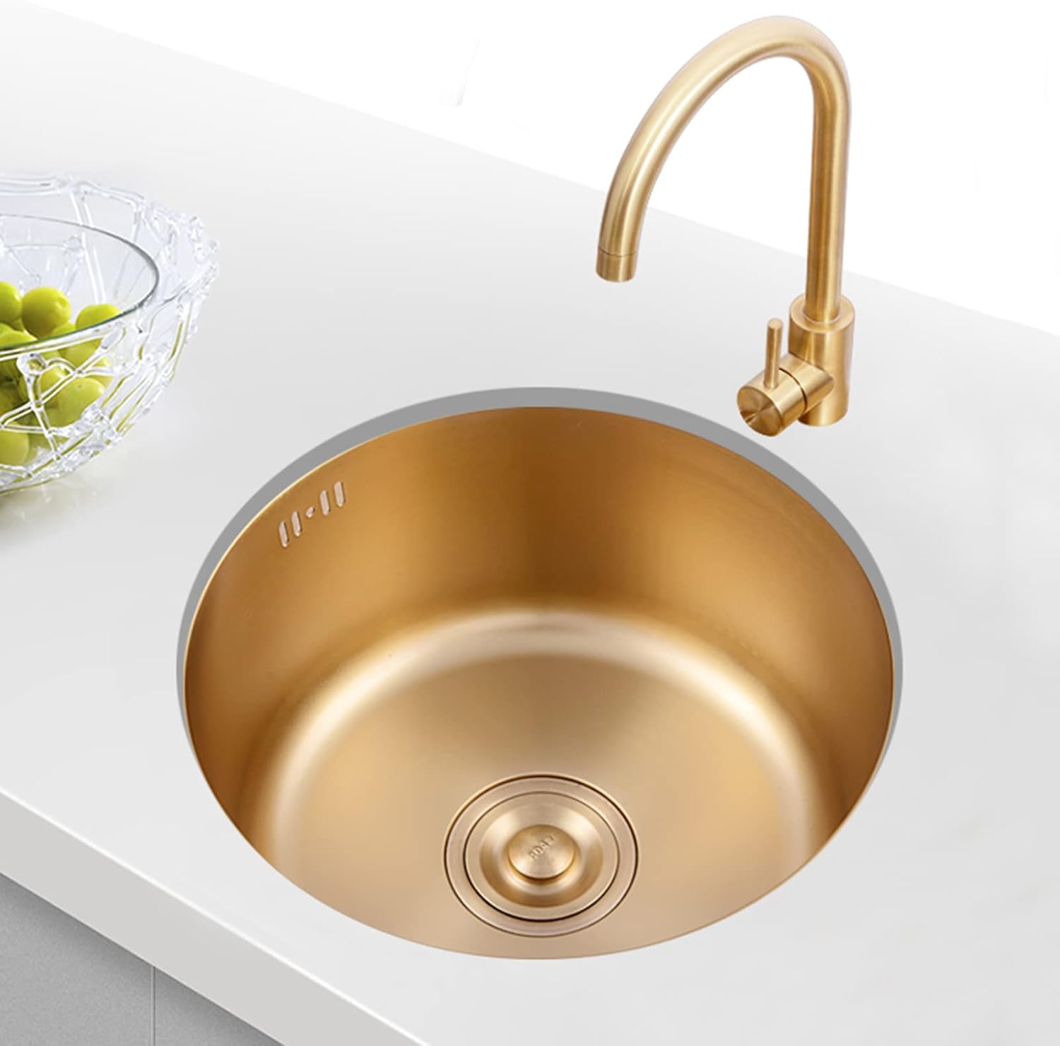 Bar Sink Drop in with Faucet, Small Stainless Steel Sink Faucet Combo Kitchen, Single Bowl Undermount Kitchen Sink,Round Gold Kitchen Sink Kit for Home, Bar, Cafe and Balcony