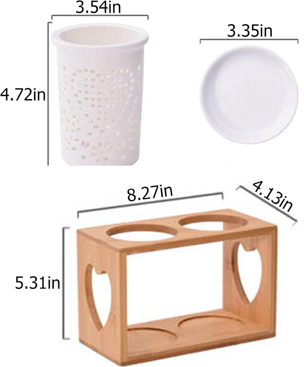 Cup Storage Holder,Bamboo Utensil Holder Set - 3 Ceramic Caddies with Drain Tray for Kitchen Counter, Ideal for Spoon, Fork & Knife Organization，M 8.27in