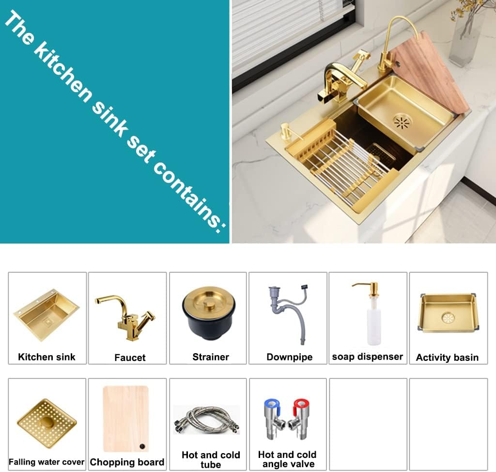 Kitchen Sink Single Bowl Bar Prep Gold Stainless Steel Drop-in Or Undermount Single Bowl RV Sink with Cutting Board (Color : Gold, Size : 60x46x22cm) (Gold 60x46x22cm)