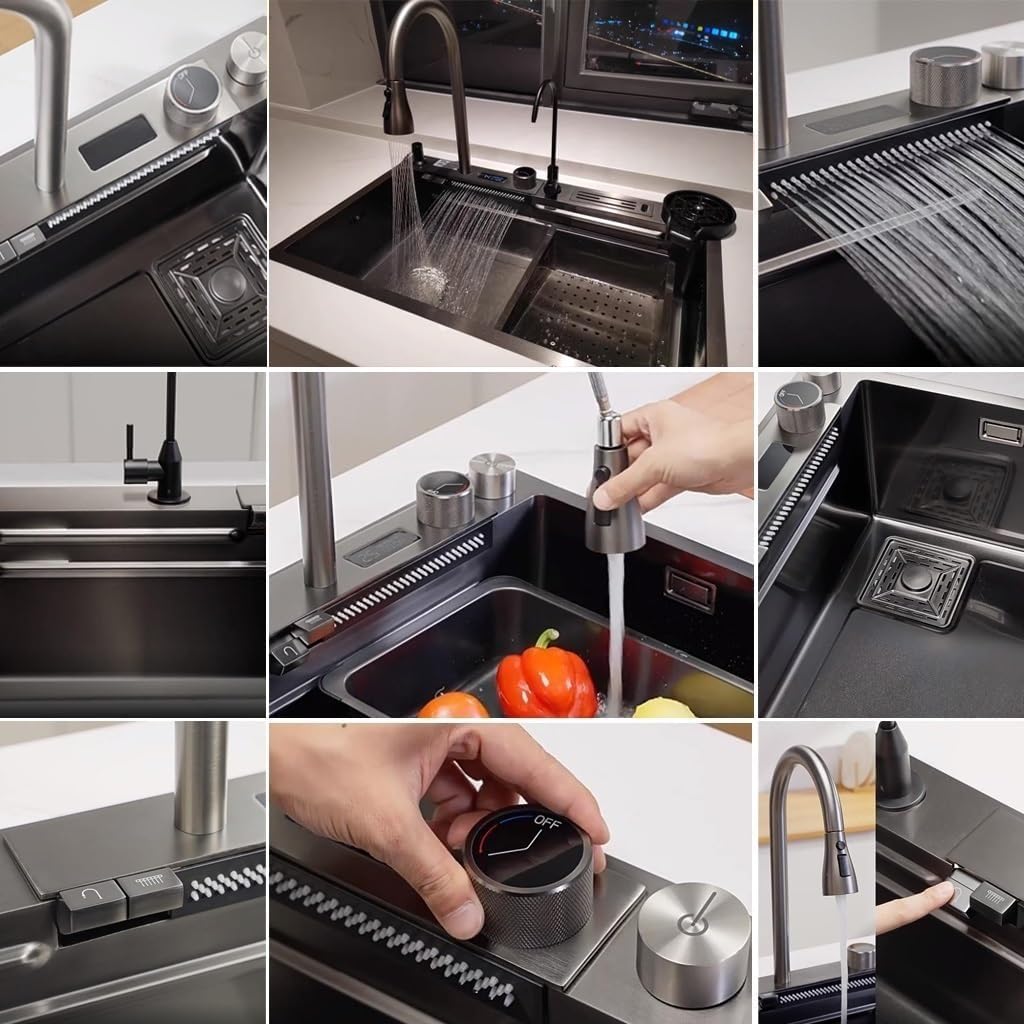 Stainless Steel Single-Bowl Kitchen Sink Waterfall Design Workstation Sink with Multifunctional Digital Display Fly Rain Pull-Out Faucet and Sink Accessorie(Black-75x46x22cm