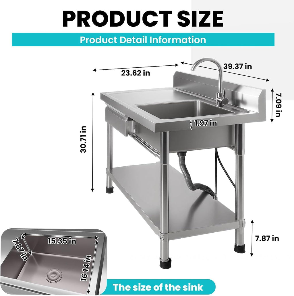 Utility Sink Stainless Steel Laundry Sink, 360 Degree Rotating Faucet, Hot And Cold Water Functions for Garage Kitchen Bathroom Laundry Use (Single Bowl 40'' Sink with Drawer and Workbench)