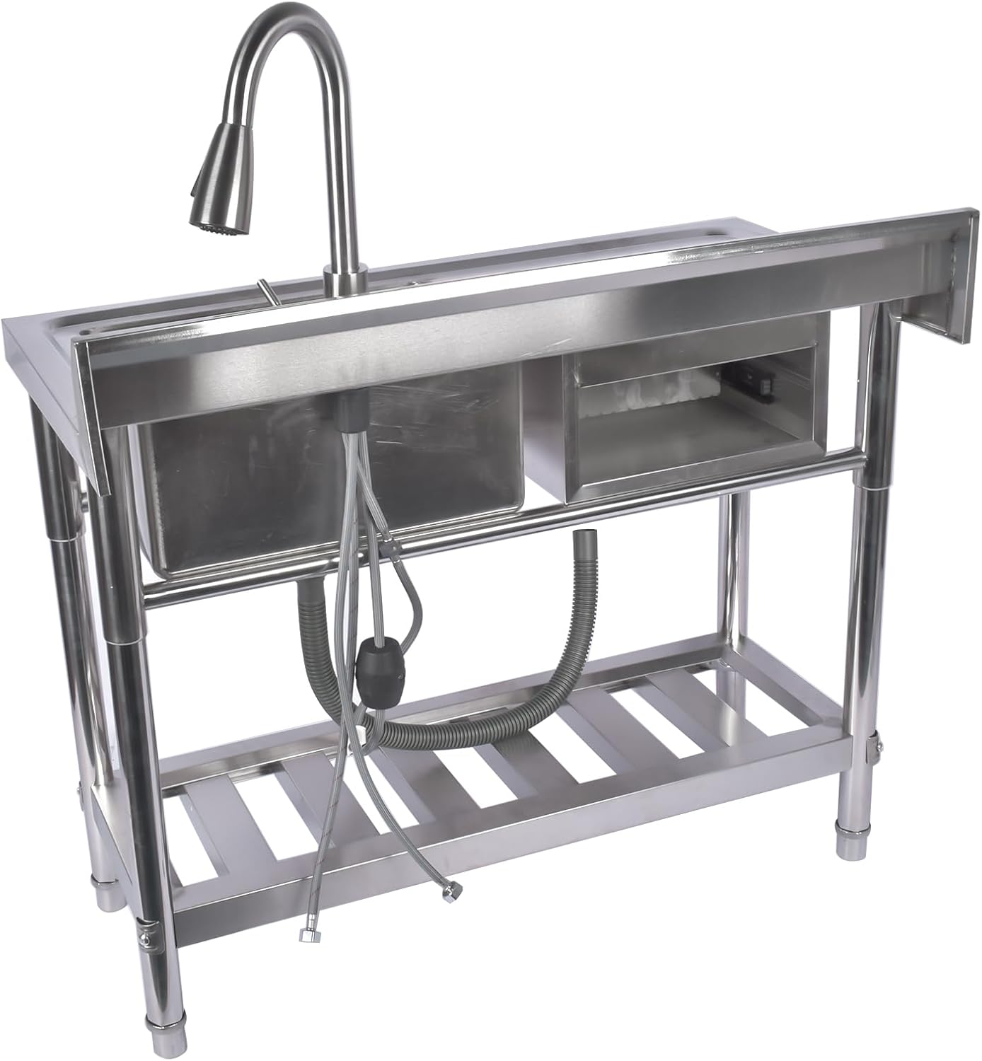 39.3 Inch Stainless Steel Free Standing Utility Sink - Single Bowl Commercial Kitchen Sink with Drawer, Pull-out Faucet, Hot & Cold Pipes for Laundry Room, Farmhouse, Garage, Outdoor & Indoor Use