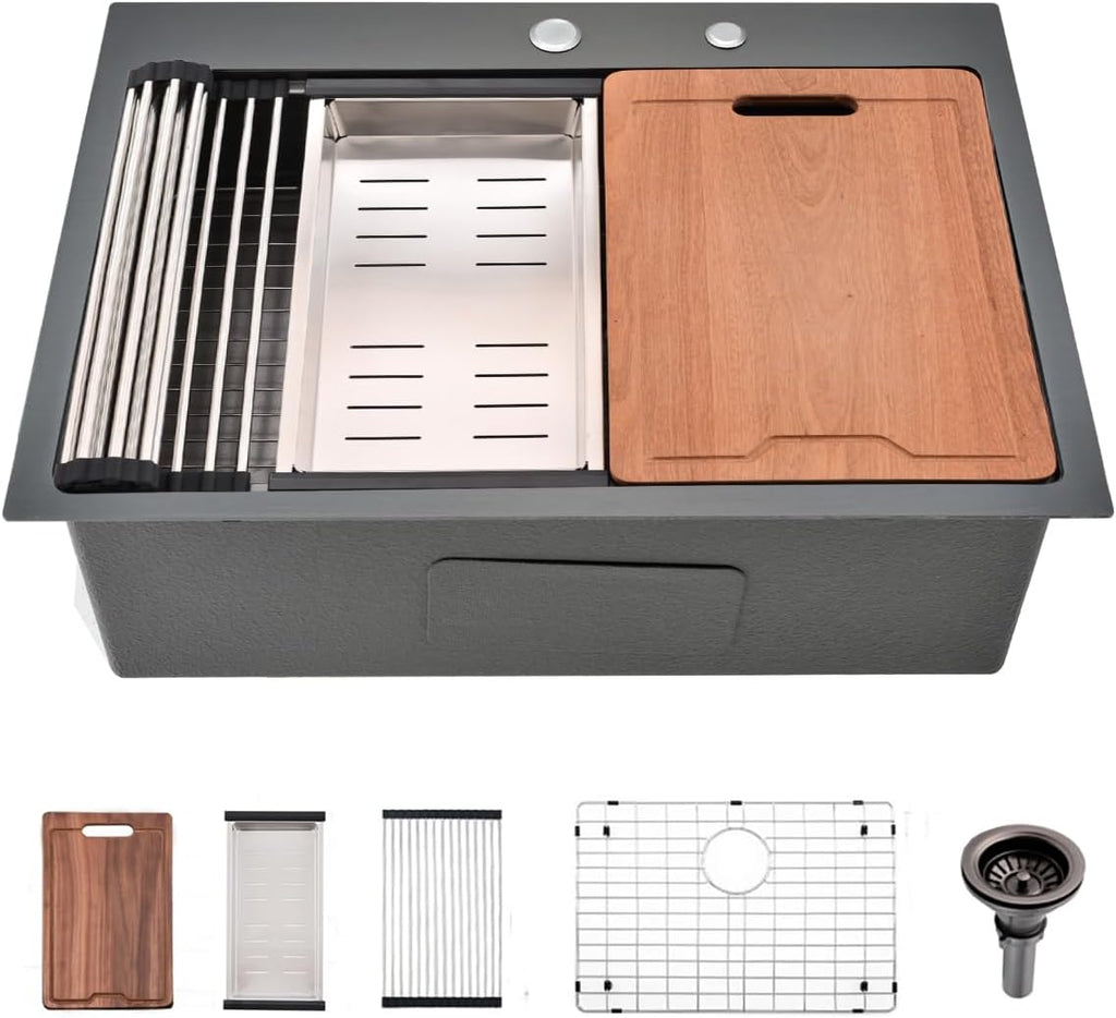 26 inch Black Drop in Kitchen Sink - VOKIM 26'x 19' Inch Drop in sink Workstation 16 Gauge Single Bowl top mount Sink With Cutting Board& colander