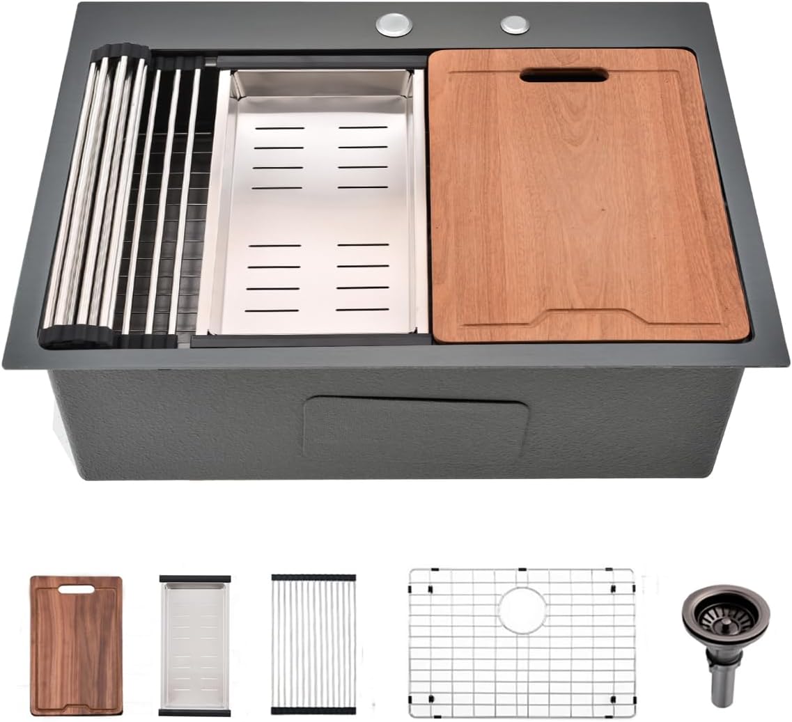 26 inch Black Drop in Kitchen Sink - VOKIM 26'x 19' Inch Drop in sink Workstation 16 Gauge Single Bowl top mount Sink With Cutting Board& colander