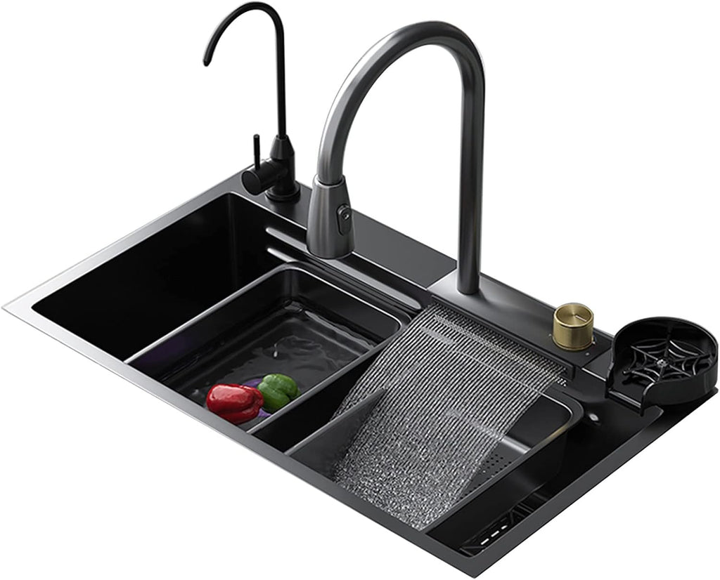 304 Stainless Steel Kitchen Sink Multi-Purpose Single Bowl Bar Prep Sink Home RV Sink with Faucet Drain Assembly Cup Washer Drop in Or Under Mount (Color : Black, Size : 78x46x22cm) (Black 75x46x