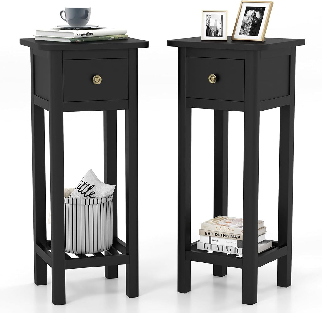 Tangkula 2-Tier Narrow Side Table with Drawer, Acacia Wood Tall End Table for Small Spaces, Farmhouse Slim Bedside Table with Open Shelf, Nightstand for Living Room, Bedroom, No Assembly (2, Black)