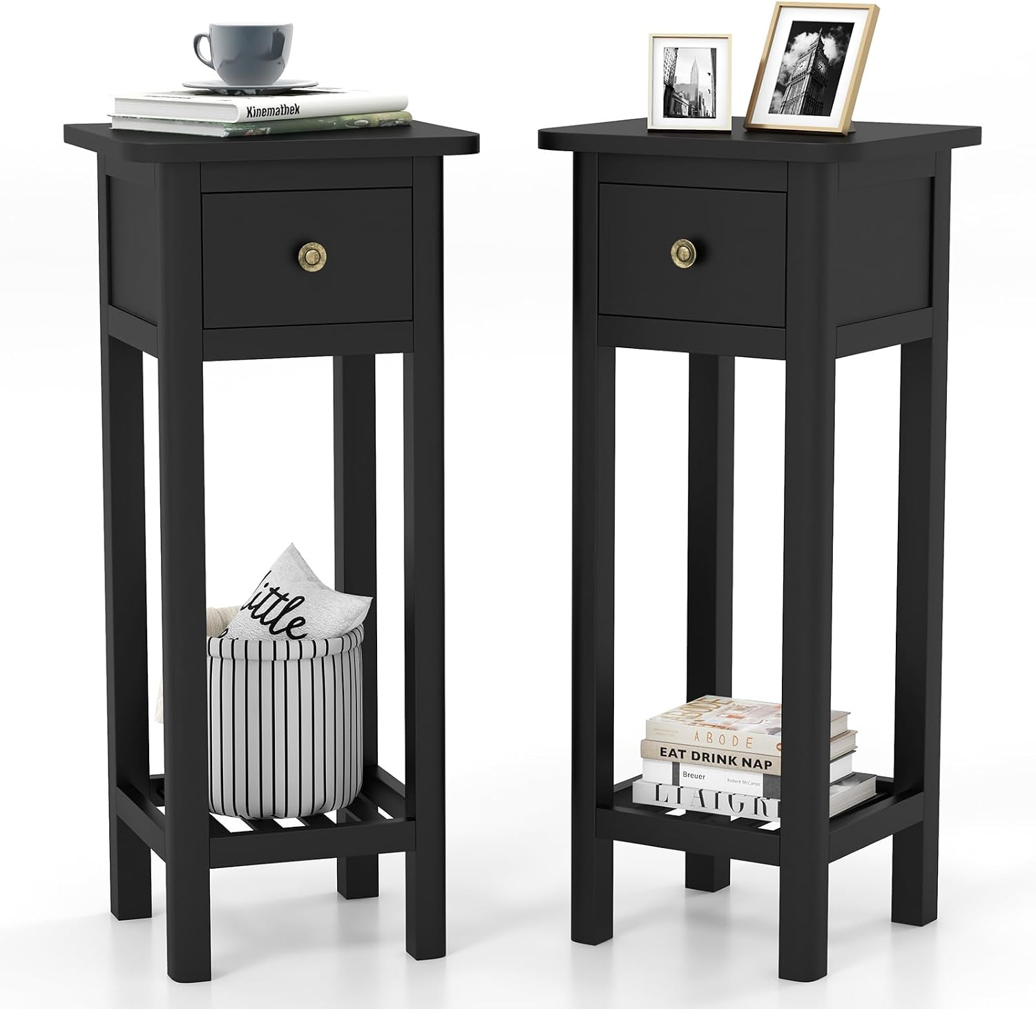 Tangkula 2-Tier Narrow Side Table with Drawer, Acacia Wood Tall End Table for Small Spaces, Farmhouse Slim Bedside Table with Open Shelf, Nightstand for Living Room, Bedroom, No Assembly (2, Black)