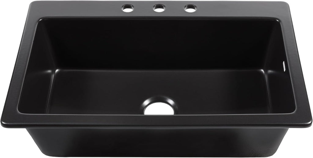 Sinkology Jackson 33 Inch Drop-In Fireclay Kitchen Sink Matte Black Single Bowl – Deep Basin, 3 Pre-Drilled Faucet Holes, Fits 36 Inch Cabinet