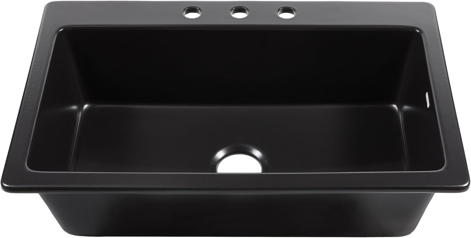 Sinkology Jackson 33 Inch Drop-In Fireclay Kitchen Sink Matte Black Single Bowl – Deep Basin, 3 Pre-Drilled Faucet Holes, Fits 36 Inch Cabinet