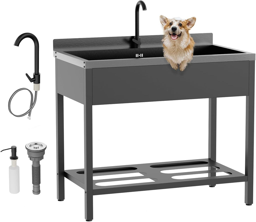 ROVSUN Black Electroplated Stainless Steel Utility Sink with Towel Rack and Storage Shelf, 23.2'D x 41.7'W x 38.9'H, Freestanding Laundry & Prep Sink for Home, Restaurant, Garage, and Outdoor Use