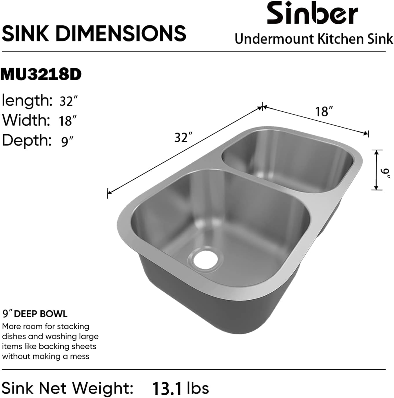 Sinber MU3218D 32' x 18' x 9' Undermount Double Bowl Kitchen Sink with 18 Gauge 304 Stainless Steel Satin Finish (Sink Only)