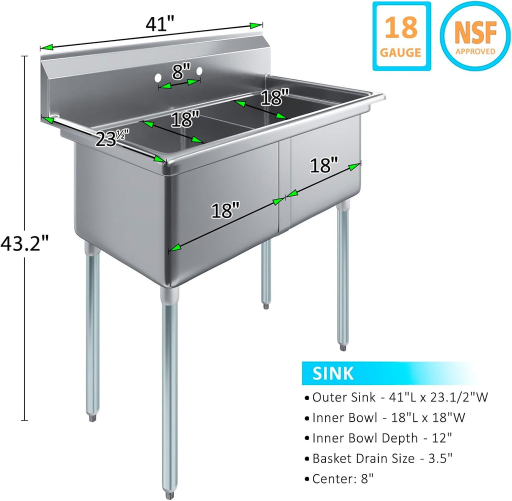 Stainless Steel Prep & Utility Sink | 304 Stainless Steel | Restaurant, Kitchen, Laundry, Garage | NSF (23 in. x 41 in. | Two Bowls)