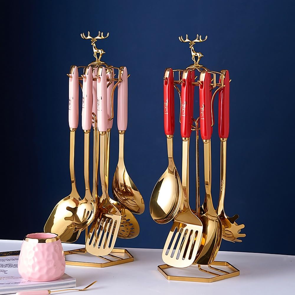 Kitchen Cooking Utensils Set, Stainless Steel Cooking Utensils Set with Holder, 7-Pieces Metal Kitchen Utensils, Kitchen Tools with Countertop Stand