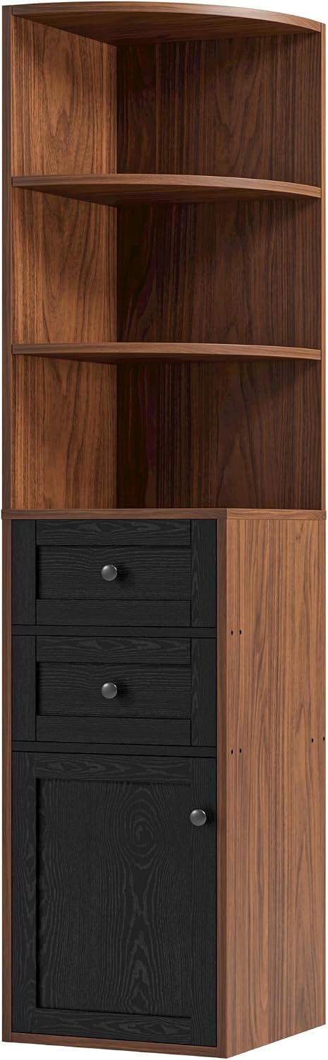 IRONCK Corner Bookshelf and Bookcase, 71' H Wooden Book Shelves 3 Tier with Drawers and Storage Cabinet for Living Room, Office, Bedroom, Brown and Black