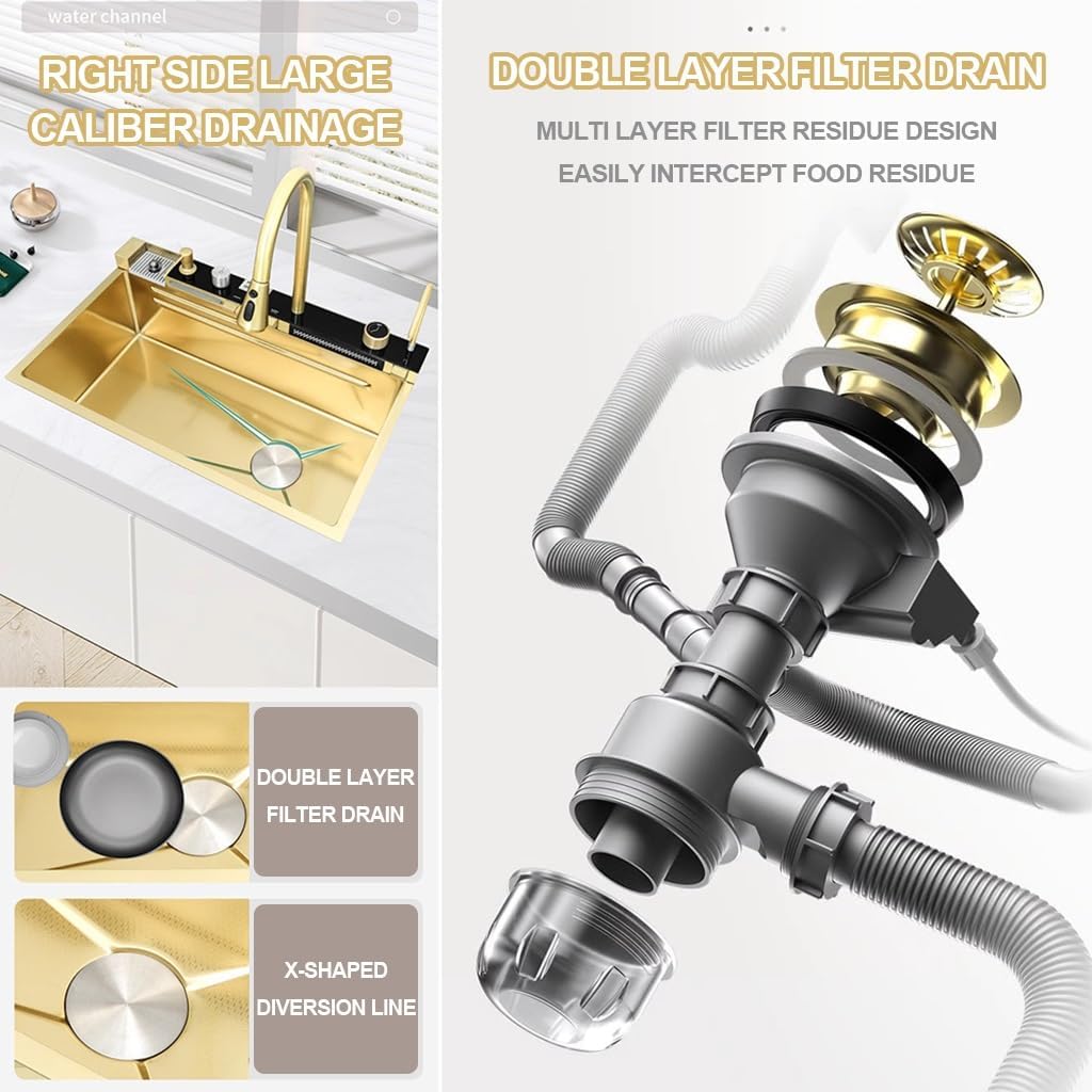 Stainless Steel Kitchen Sink Golden Single Bowl Waterfall Sink Multi-Functional Bar Sink with Integrated Faucet, Drain Basket, Drain Basin, Cup Washer (Color : Gold, Size : 75x45x21cm) (Gold 68x45