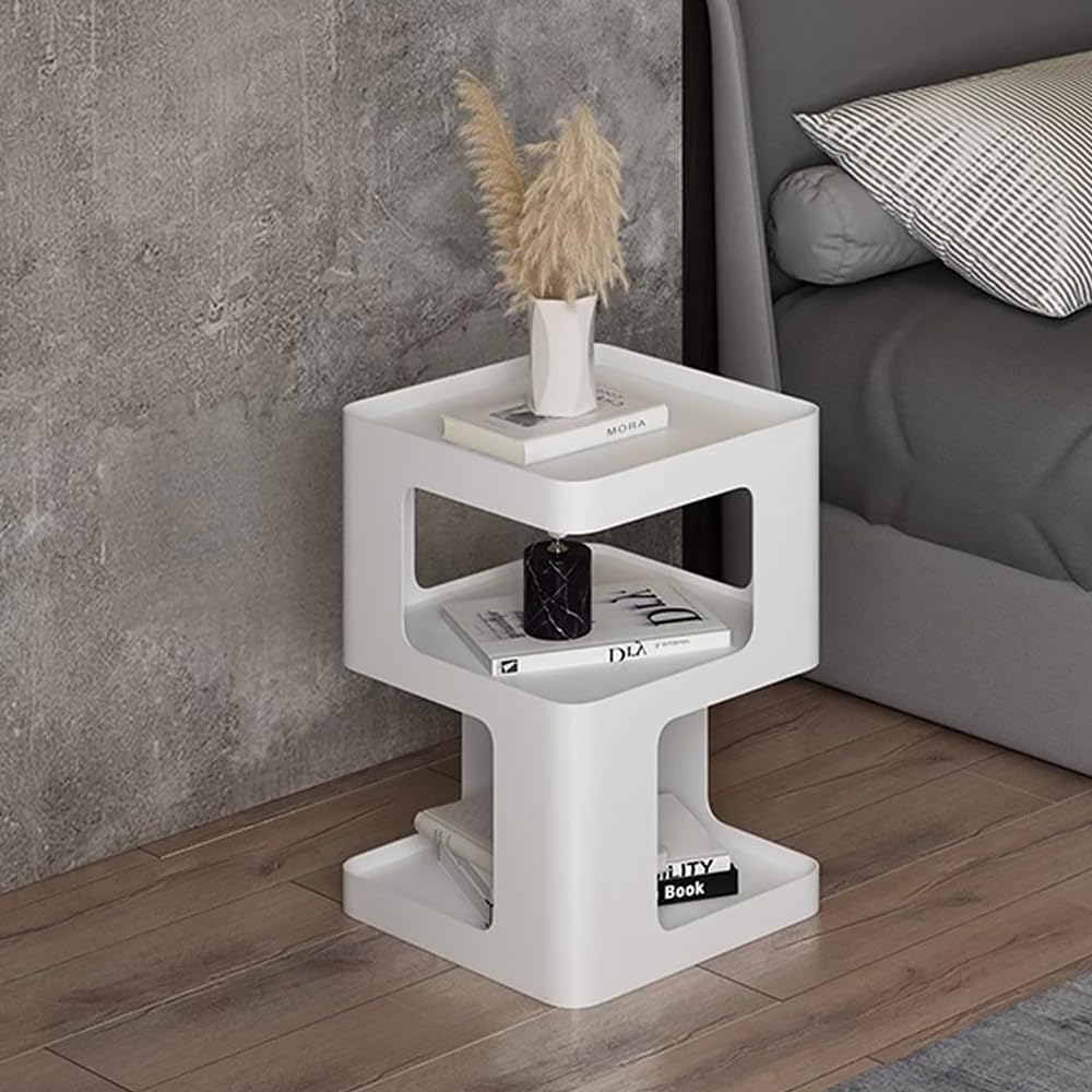 Modern Metal Side Table with Storage,Small End Table for Sofa & Couch,3-Tier Compact Nightstand for Small Spaces,White Bedside Tables for Living Room & Bedroom,No Assembly Required