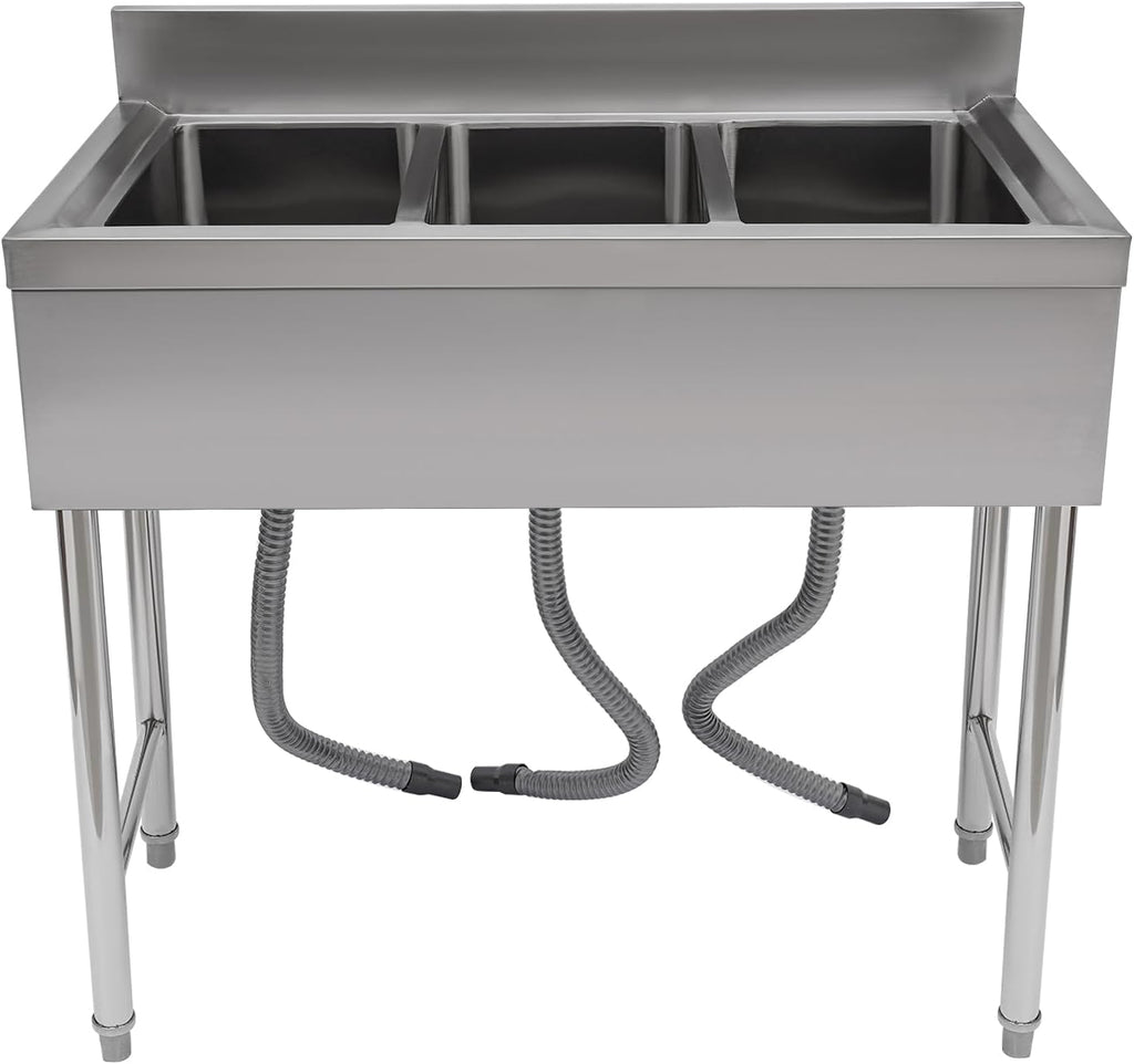 Stainless Steel Utility Sink, Triple Bowl Freestanding Commercial Kitchen Sink with Hot & Cold Faucet, 3 Compartment Utility Sink for Restaurant Garage Laundry, L38*W18.5*H37in