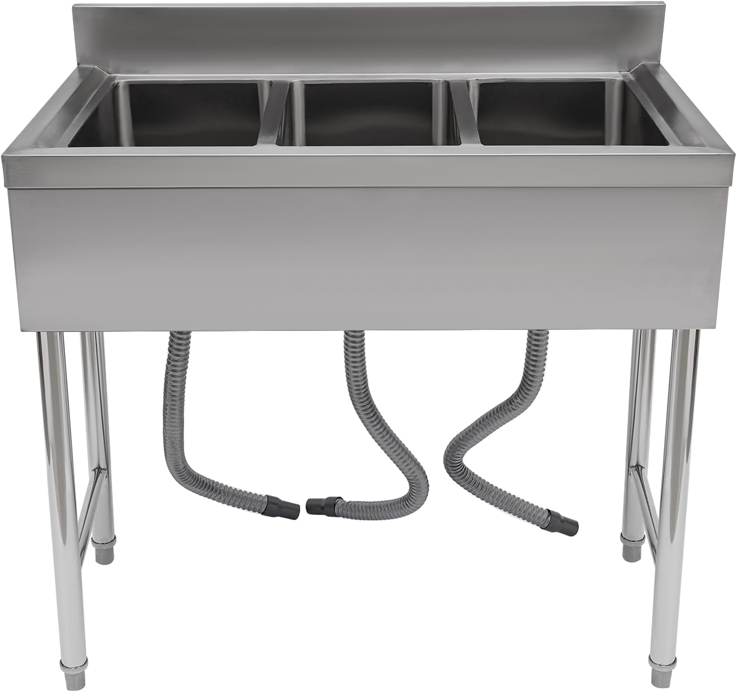 Kitchen Sink, 3 Compartment Bowl Free Standing, Commercial Sink 3 Bowl Waterfall Prep & Utility Washing Hand Basin Stainless Steel Workstation Sink with Faucet for Restaurant Bar Garage
