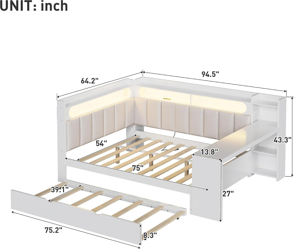 Merax Full Size Daybed with Storage Shelves and Trundle, Wooden Corner Bed with Charging Station, LED Light, Desk, Upholstered Headboard and Backrest, No Spring Box Need