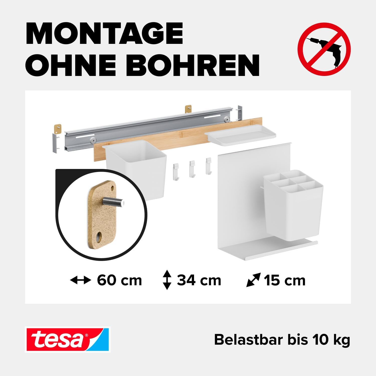 tesa Kitchen Organiser Combo Set M - Self-Adhesive Wall Mounted Kitchen Rail System with Herb Pot, 2 Shelves, Utensil Holder, 3 Hooks - Bamboo/White