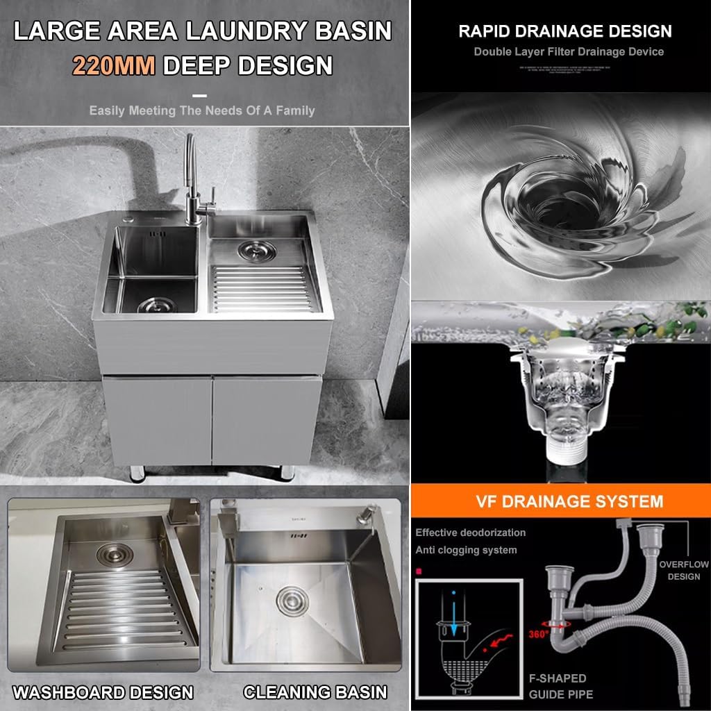 Generic Double Bowl Kitchen Sink Bathro Sinks with Washboard Large 304 Stainless Steel Laundry Sink Multifunctional Bar Kitchen Sink with Drainage Cponent (Color : Silver-b, Size : 70x48x21cm)