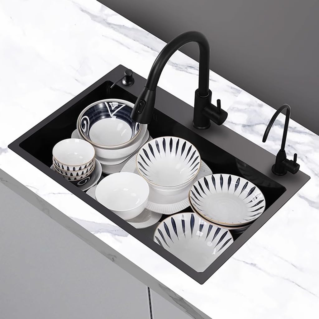 Black Kitchen Sink with Faucet, Deep Stainless Steel Single Bowl, Sink Drop In/Topmount Farmhouse Workstation Apartment Sink with Multiple Accessories (19.7x17.7 inch)