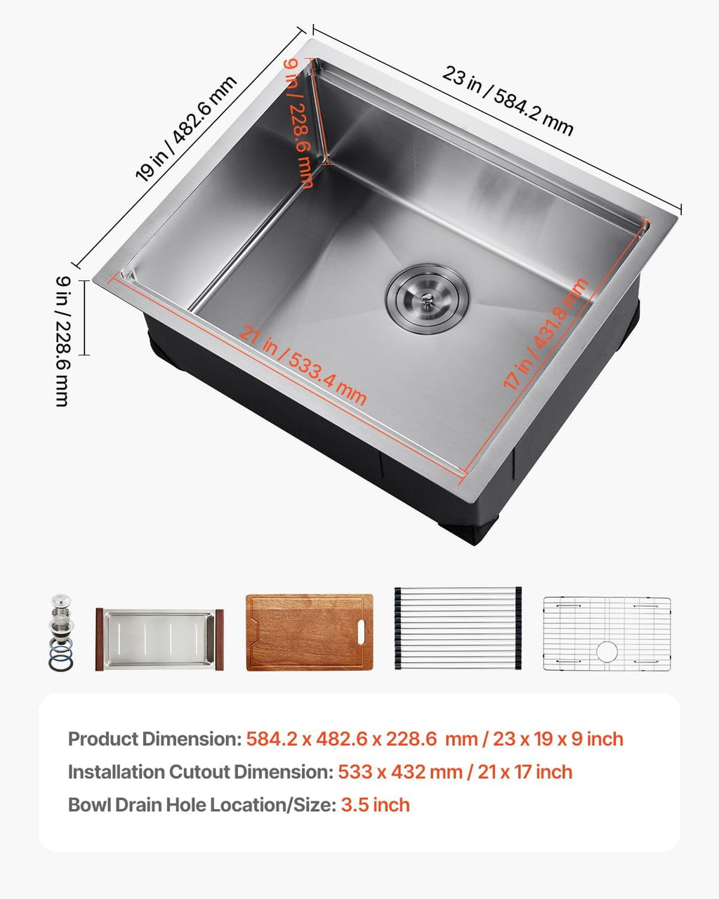 VEVOR 23 inch Kitchen Single Sink, 304 Stainless Steel Undermount Sink Drop-In Single Bowl Farmhouse Basin with Ledge & Multiple Accessories, Household Dishwasher Sinks for Prep Kitchen, Bar 23'*19'