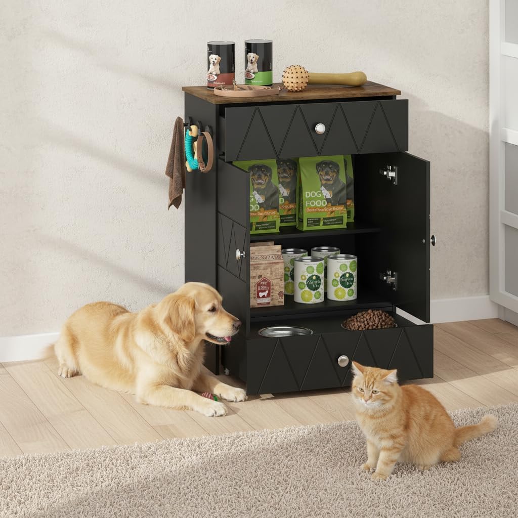 Pet Feeding Station with Storage, Raised Dog Bowls, Pet Feeder Cabinet, with Adjustable Shelves, Rolling Drawer, Hooks, for Feeding & Watering Supplies (Black)