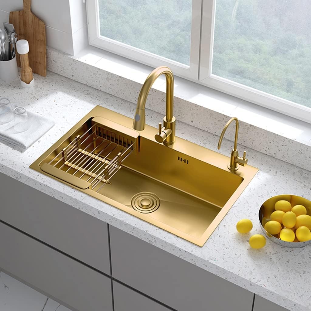 Kitchen Sink. Single Bowl Bar Preparation Counter Square Sink with Pull-Out Faucet Water Purification Faucet & Installation Kit Drop-in Or Undermount (Gold 55x45x21cm)
