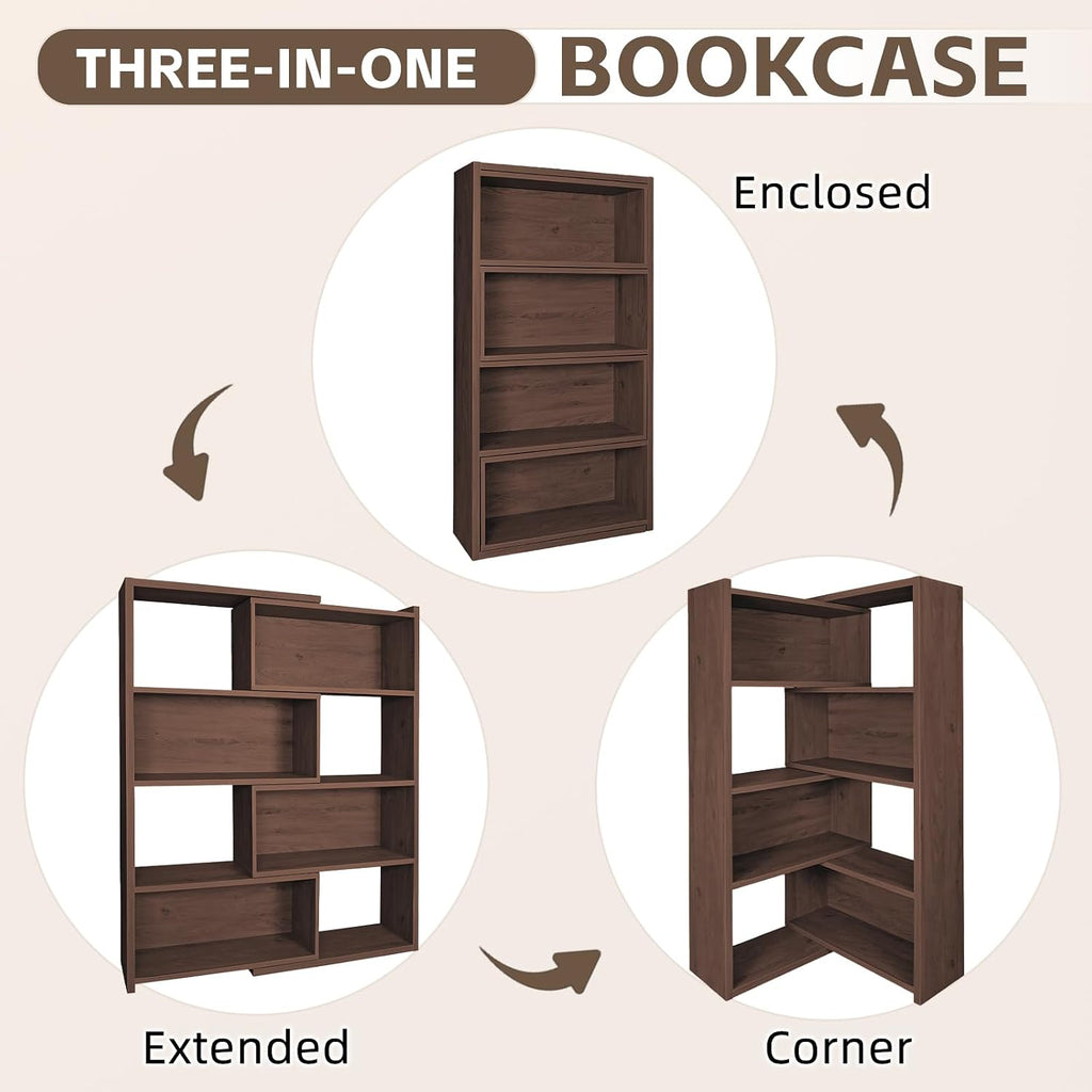 Expandable 3-in-1 Convertible Bookcase with Adjustable Width, Corner & Straight Shelf Design, 4-Tier Modern Storage Organizer, Space-Saving (Light Brown, 15.7' × 11.8' × 63.0')