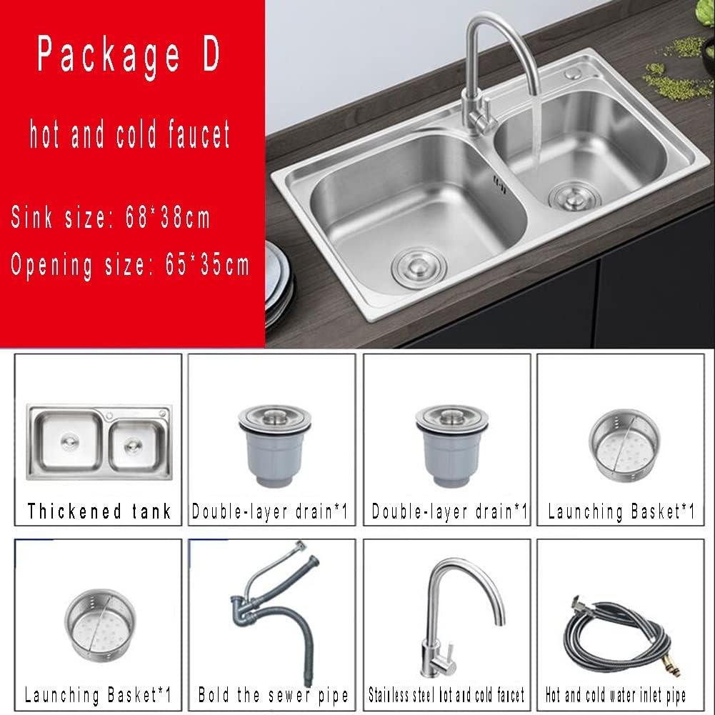Double Bowl 304 Stainless Steel Kitchen Sink, Handmade Bar Prep Sink with Strainer, Top-Mount/Drop-in Workstation Sink (Color : Silver-A, Size : 75x40cm) (SilverD 68x38cm)