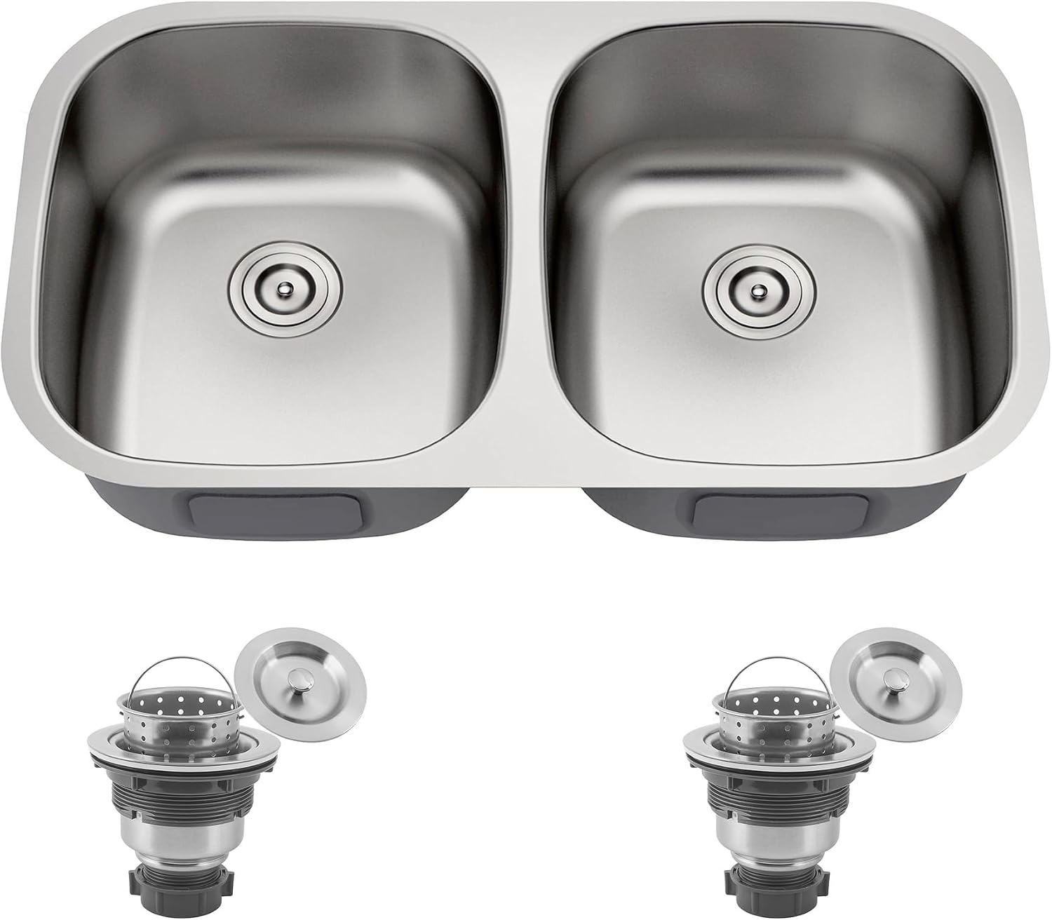 32 Inch Undermount Doube Bowl Kitchen Sink, 18 Gauge 304 Stainless Steel 50/50 Curved Shape Deep Kitchen Sinks, Strainer Included, 32' x 18' x 9'